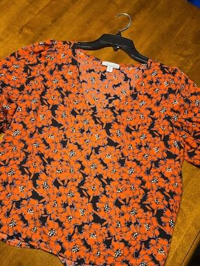 Bright Poppy Colored Floral Blouse